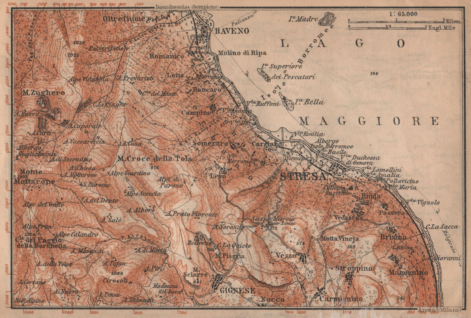 STRESA ENVIRONS. Baveno Gignese. Italy mappa. BAEDEKER 1909 old antique